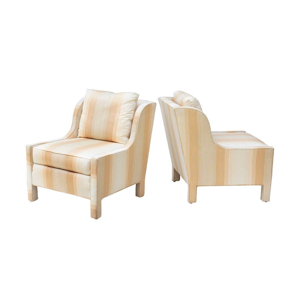 Pair of Peach Striped Parsons Style Wing Slipper Chairs with Curving Arms