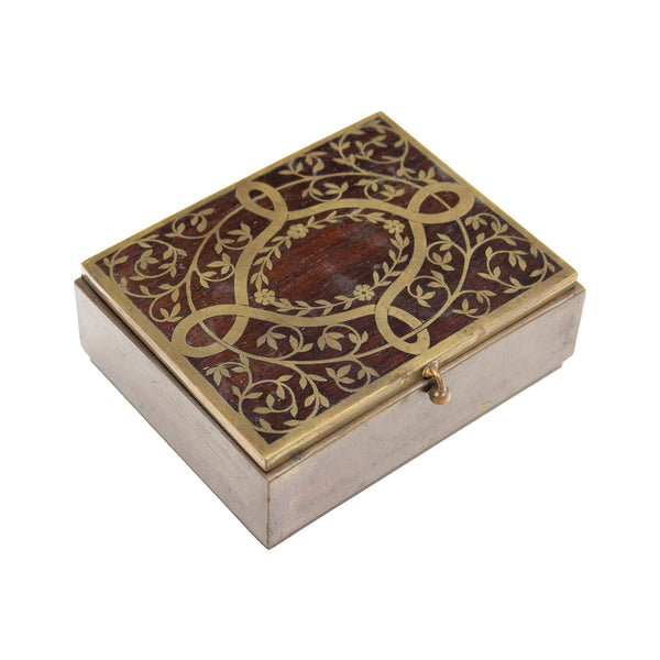 Lidded Antiqued Brass Box Inlaid with Mahogany, Velvet-Lined