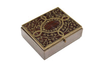 Lidded Antiqued Brass Box Inlaid with Mahogany, Velvet-Lined