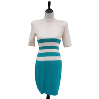 1980s Vintage St. John by Marie Gray Turquoise Cream Stripe Knit Dress Sz 4
