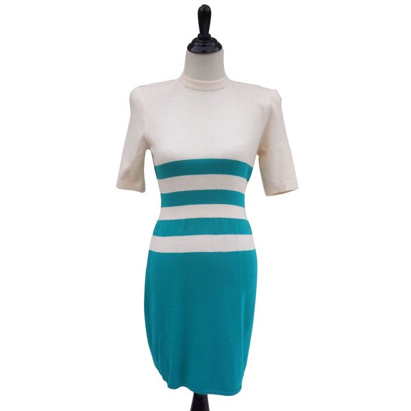 1980s Vintage St. John by Marie Gray Turquoise Cream Stripe Knit Dress Sz 4