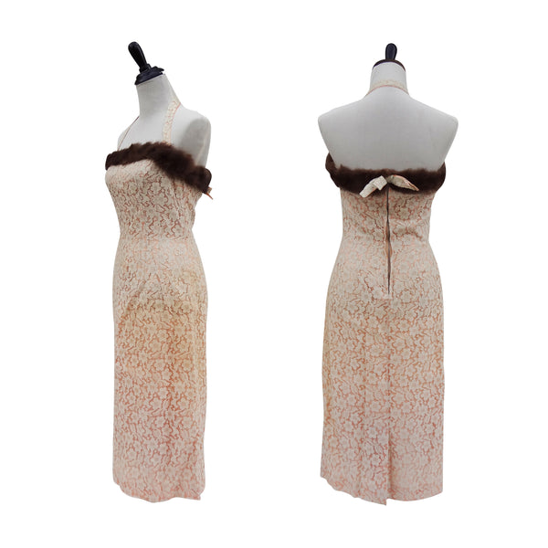 Fantastic Genuine Fur-Trimmed Halter Peach Lace Dress Sz 4-6