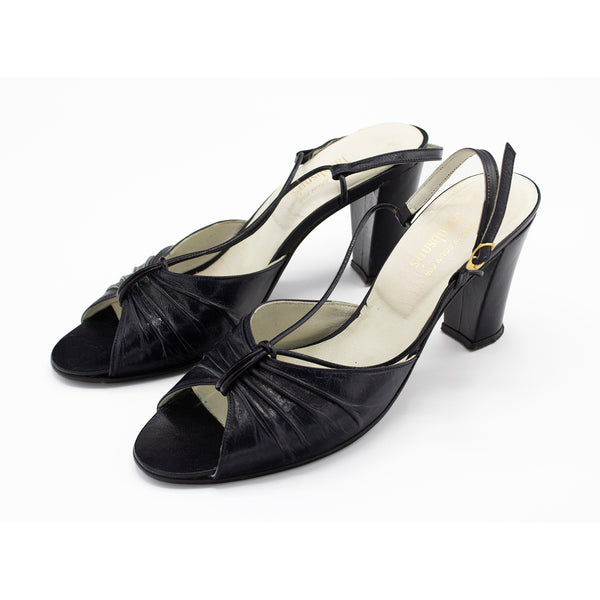 Vintage Ruched Black Leather Heels Jacobson's Made in Spain Sz 8 AA or N