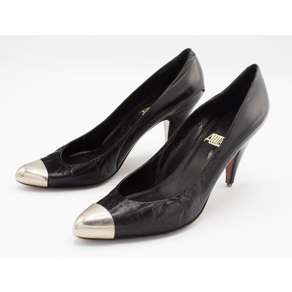 Punky Vintage Metal Captoe Black Leather Rocker Pumps by Allure Made in Spain Sz 6 N