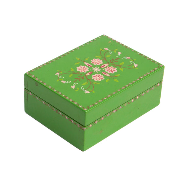 Handpainted Bright Green Lacquer Lidded Box with Pink Floral Decorations