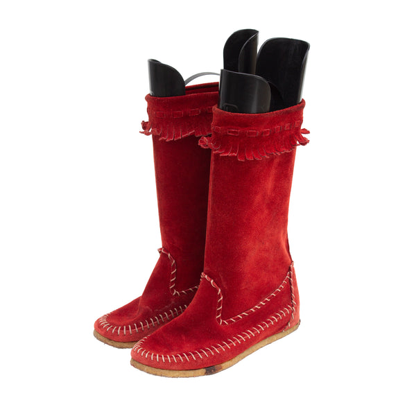Vintage Italian Made Boho Cherry Red Suede Fringed Moccasin Tall Boots Western Native Boots approx Sz 4.5 - 5