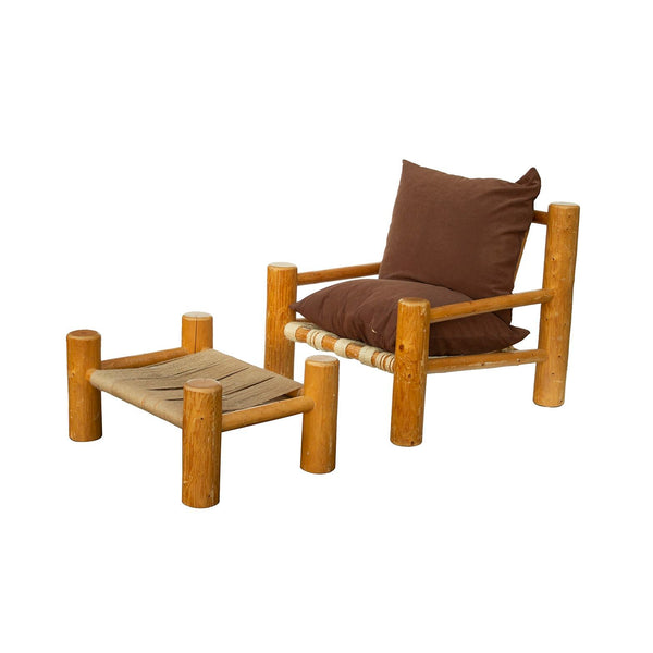 Hand Hewn Pine Log Armchair and Ottoman