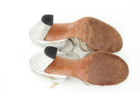 Saks Fifth Avenue Silver Leather T-Strap with Block Heel Fenton Last Marked 6 M
