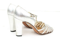 Saks Fifth Avenue Silver Leather T-Strap with Block Heel Fenton Last Marked 6 M