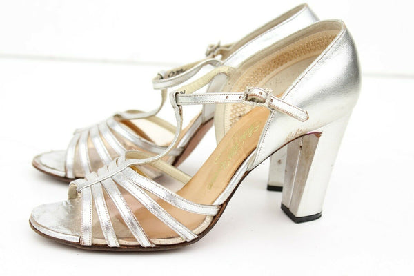 Saks Fifth Avenue Silver Leather T-Strap with Block Heel Fenton Last M –  shopnueve