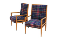 Pair Solid Oak Tufted Armchairs after T.H. Robsjohn-Gibbings