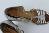 Saks Fifth Avenue Silver Leather T-Strap with Block Heel Fenton Last Marked 6 M