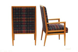 Pair Solid Oak Tufted Armchairs after T.H. Robsjohn-Gibbings