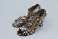Saks Fifth Avenue Silver Leather T-Strap with Block Heel Fenton Last Marked 6 M