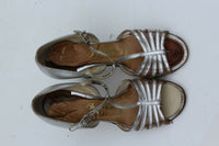Saks Fifth Avenue Silver Leather T-Strap with Block Heel Fenton Last Marked 6 M