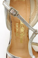 Saks Fifth Avenue Silver Leather T-Strap with Block Heel Fenton Last Marked 6 M