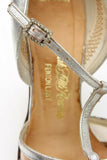 Saks Fifth Avenue Silver Leather T-Strap with Block Heel Fenton Last Marked 6 M