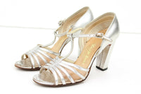 Saks Fifth Avenue Silver Leather T-Strap with Block Heel Fenton Last Marked 6 M