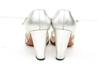Saks Fifth Avenue Silver Leather T-Strap with Block Heel Fenton Last Marked 6 M
