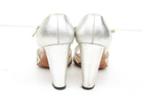 Saks Fifth Avenue Silver Leather T-Strap with Block Heel Fenton Last Marked 6 M