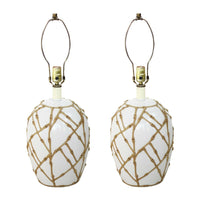 Pair White Ceramic Table Lamps with Applied Faux Bamboo