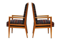 Pair Solid Oak Tufted Armchairs after T.H. Robsjohn-Gibbings