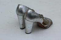 Saks Fifth Avenue Silver Leather T-Strap with Block Heel Fenton Last Marked 6 M