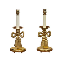 Pair of Solid Brass Candlestick Table Lamps With Bow Detail