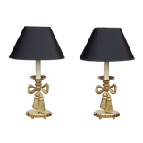 Pair of Solid Brass Candlestick Table Lamps With Bow Detail