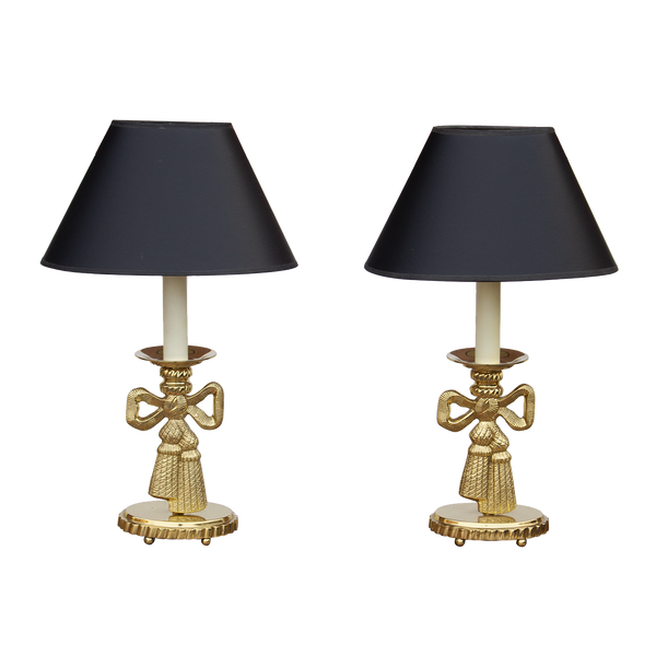 Pair of Solid Brass Candlestick Table Lamps With Bow Detail