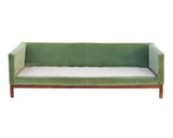 Green Velvet Sofa with Walnut Base