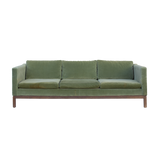 Green Velvet Sofa with Walnut Base