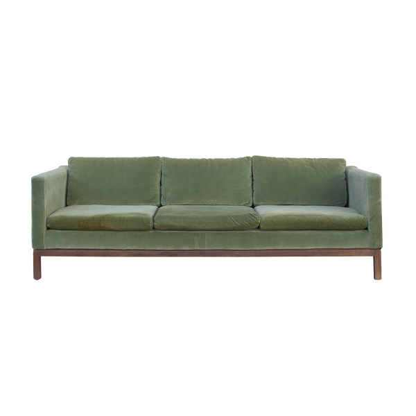 Green Velvet Sofa with Walnut Base