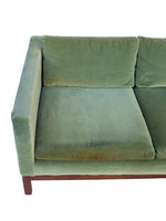 Green Velvet Sofa with Walnut Base