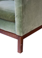 Green Velvet Sofa with Walnut Base