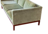 Green Velvet Sofa with Walnut Base