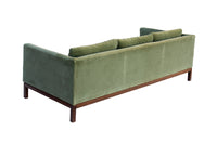 Green Velvet Sofa with Walnut Base