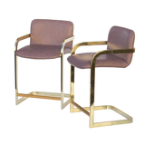 Plum and Brass Frame Barstools, pair