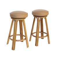 Pair of Swivel Barstools in Rattan and Leather