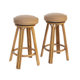 Pair of Swivel Barstools in Rattan and Leather