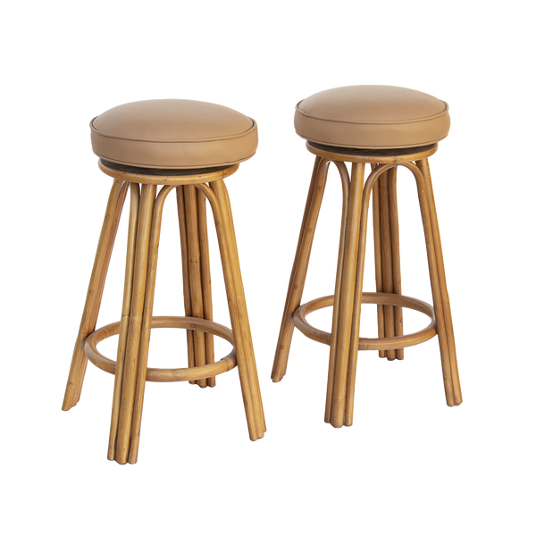 Pair of Swivel Barstools in Rattan and Leather