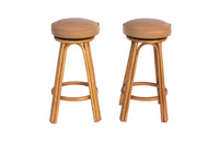 Pair of Swivel Barstools in Rattan and Leather