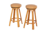 Pair of Swivel Barstools in Rattan and Leather