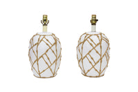 Pair White Ceramic Table Lamps with Applied Faux Bamboo