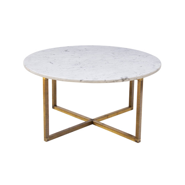 Round Brass Coffee Table With X Base and Italian Marble Top