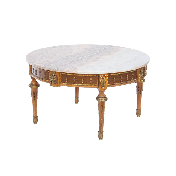 Round Gilt Antique Cocktail Table with Pink Marble Top