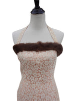 Fantastic Genuine Fur-Trimmed Halter Peach Lace Dress Sz 4-6