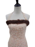 Fantastic Genuine Fur-Trimmed Halter Peach Lace Dress Sz 4-6