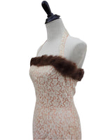 Fantastic Genuine Fur-Trimmed Halter Peach Lace Dress Sz 4-6