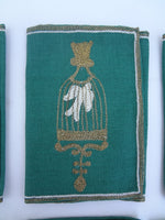 S/8 Vintage Green Linen Coasters in Box by Max Littwitz Inc New York - Bird in a Gilt Cage